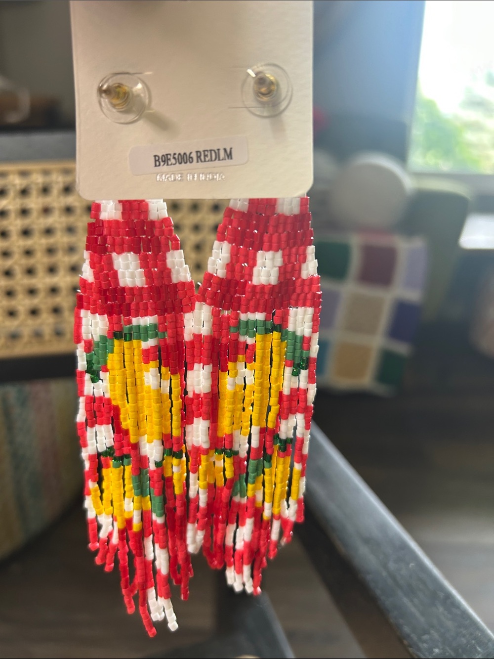 Embroidered Red Beaded Fringe Earrings with Yellow Floral Motif by Influence